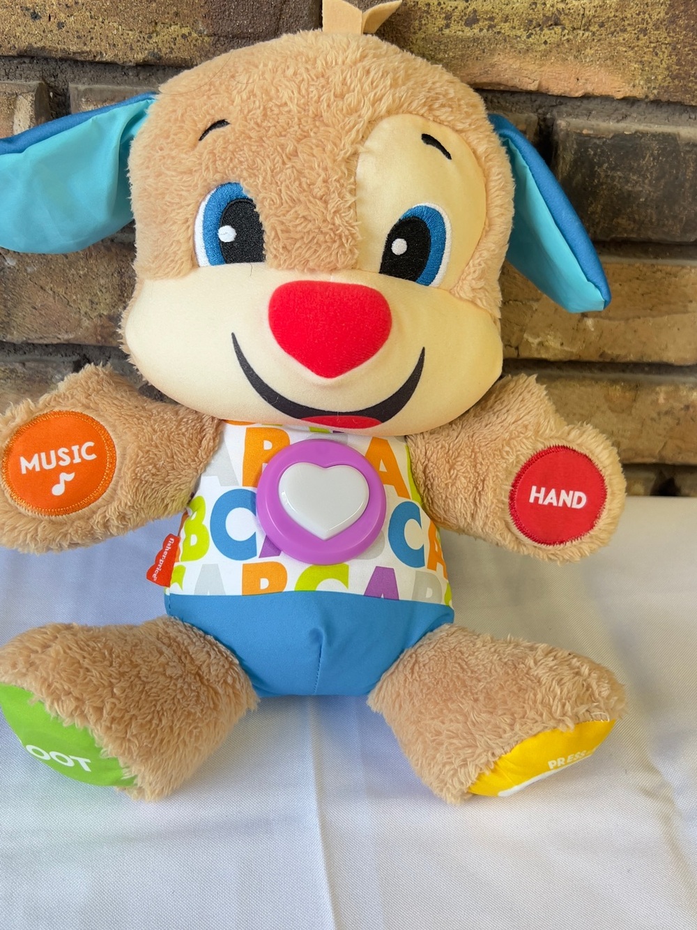 Interactive Puppy Plush Toy in Tan & Blue with Heart Button